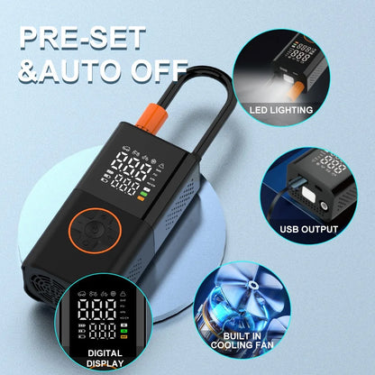 Portable Mini Air Inflator with Wireless Charging and Digital Display for Car and Bicycle Tires