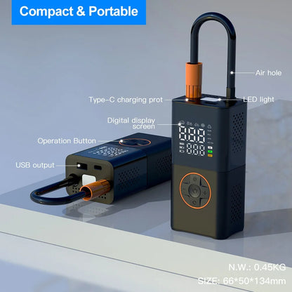 Portable Mini Air Inflator with Wireless Charging and Digital Display for Car and Bicycle Tires