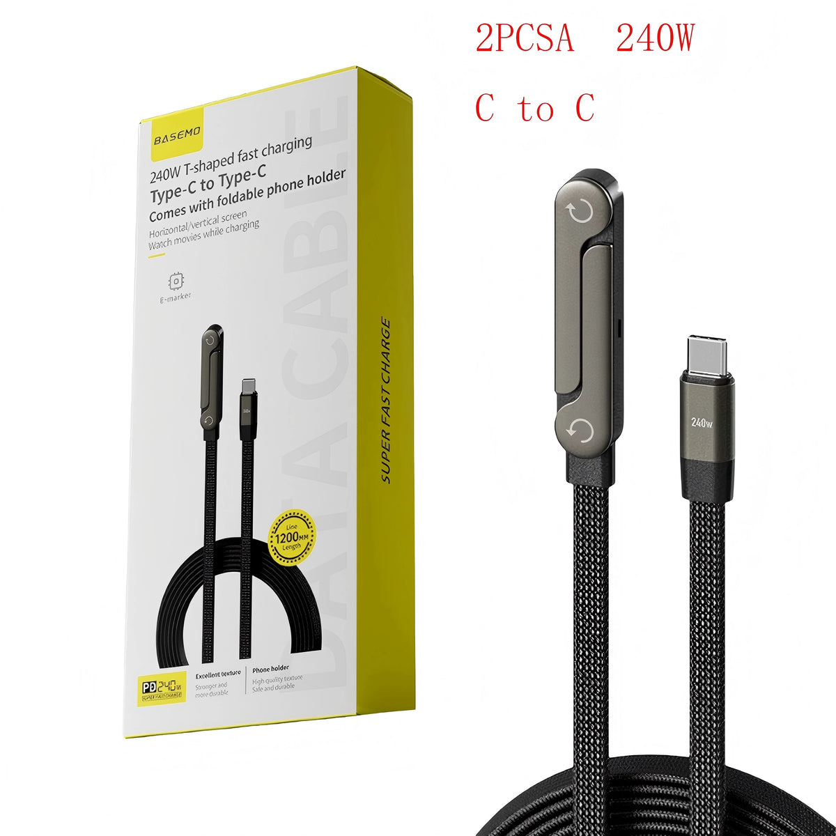 240W Fast Charging 2-in-1 Foldable Data Cable with Bracket Stand for Type-C to Type-C / USB-A to Type-C Devices